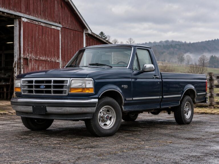 1990s Ford F-150 parked beside a weathered barn