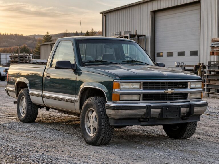 Green and silver 1990s Chevrolet C/K pickup parked on gravel outside a metal workshop