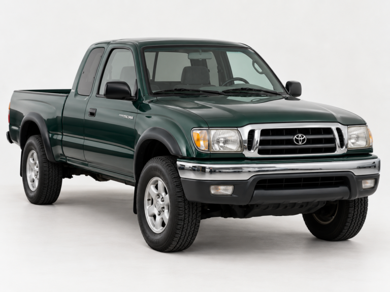 Green first-generation Toyota Tacoma against a plain studio background.