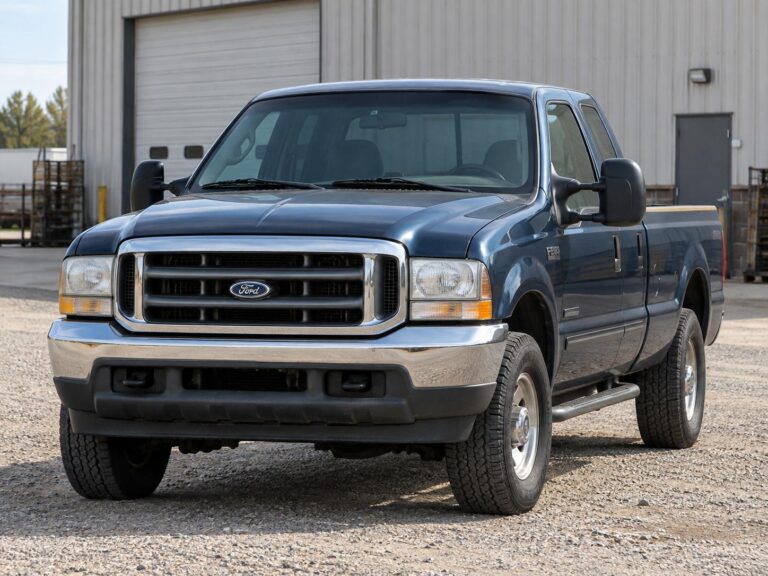 Blue early-2000s Ford Super Duty pickup parked outside an industrial building