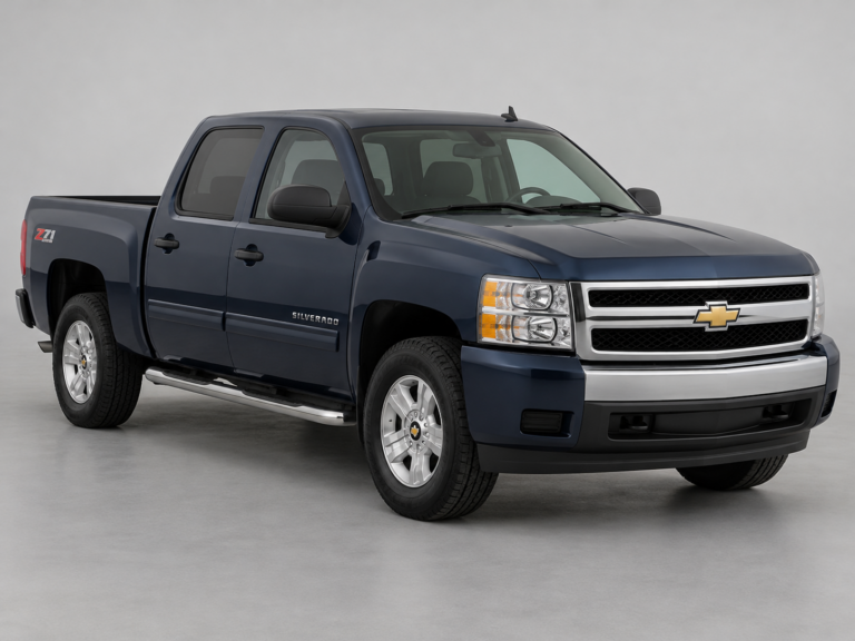 Dark blue Chevrolet Silverado against a plain studio background.