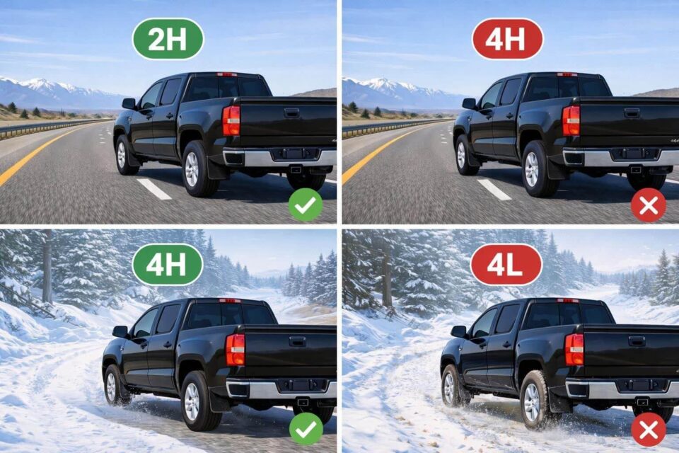 4-panel graphic showing correct and incorrect 4wd use