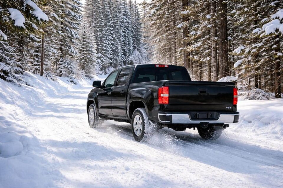 4×4 truck driving on a snowy road using 4h for extra traction