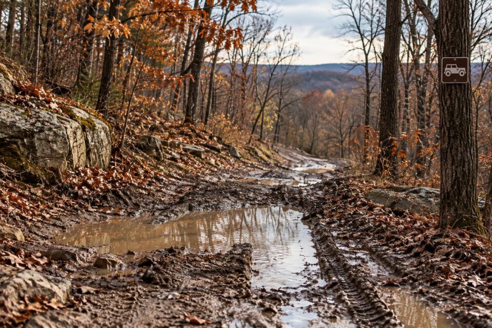 Muddy off-road trail through an autumn forest with deep tire ruts and standing water
