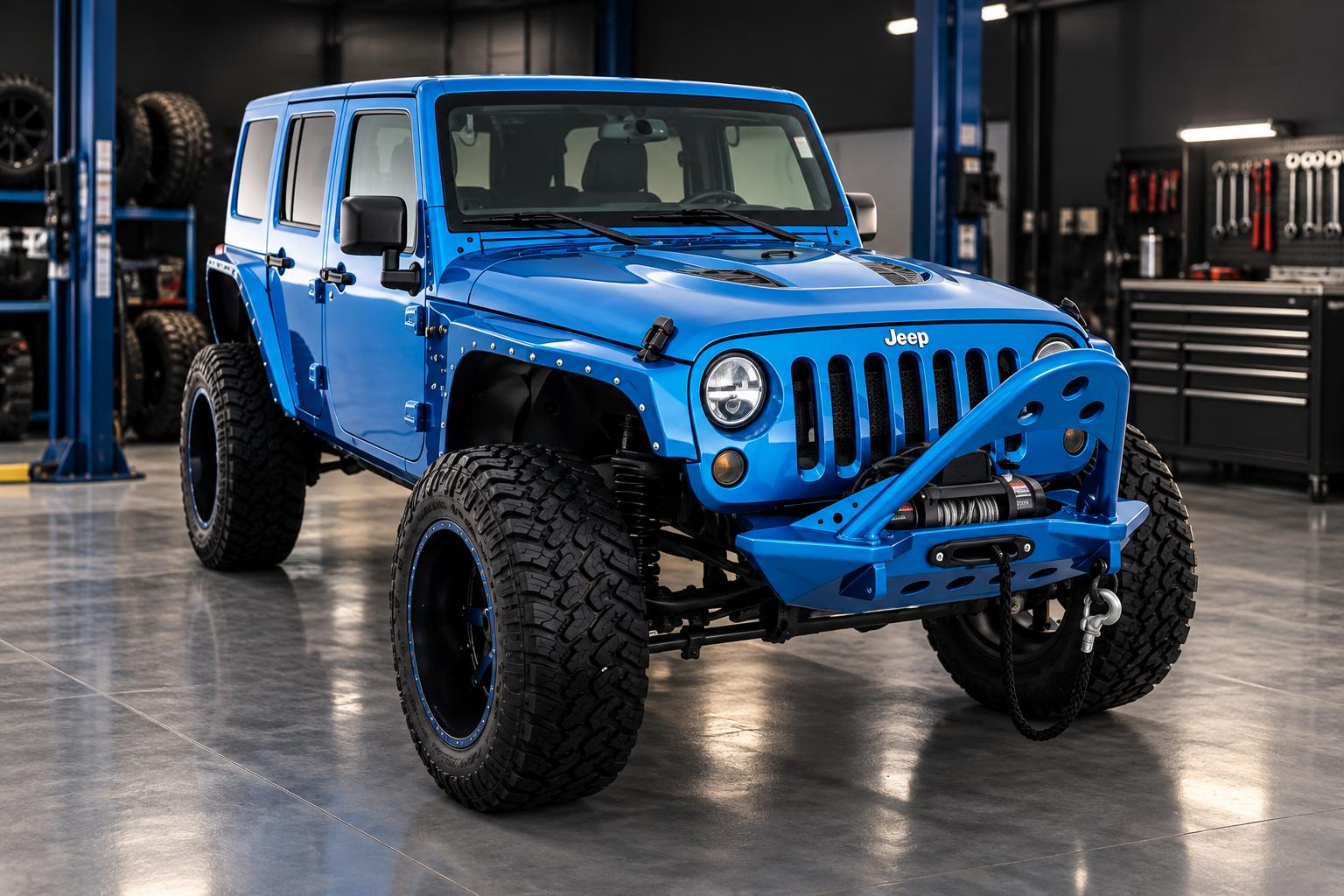 Lifted blue Jeep Wrangler with oversized off-road tires and visible suspension