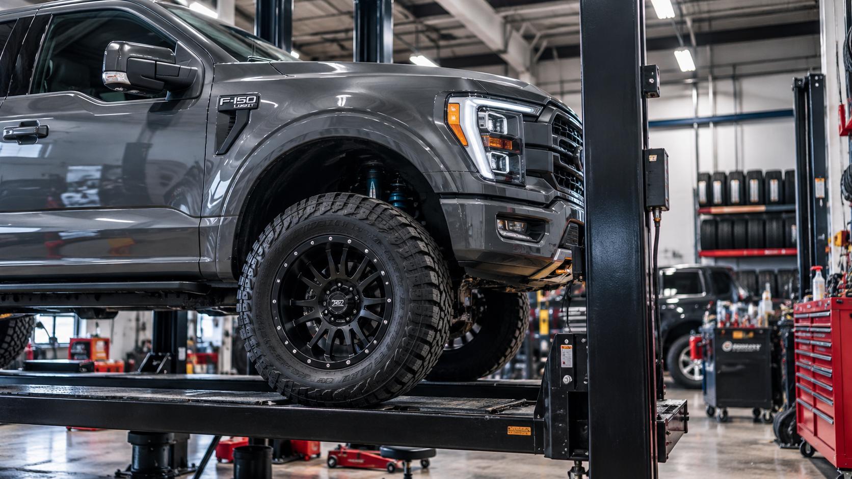 Lifted gray Ford F-150 on a workshop lift with oversized off-road tires and visible suspension components.