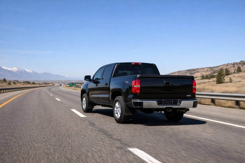 pickup truck driving on a dry highway in 2h mode