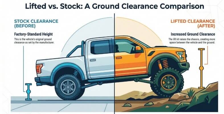 Before and after comparison of truck ground clearance with lift kit installed
